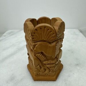 Hand Carved 3D Wood Pencil Holder African Animals- Lion, Elephant, Gazelle